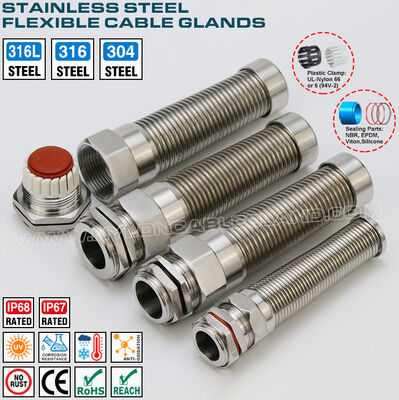 IP68 Stainless Steel Metal Cable Glands with Helical Flexible Pigtail M12x1.5-M50x1.5, Metric Pitch, 316L/316/304 Version