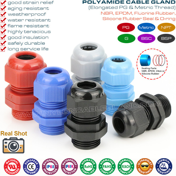 Cable Gland IP68 Plastic Synthetic Non-Metallic with Elongated PG or Metric Thread for Thick Enclosures