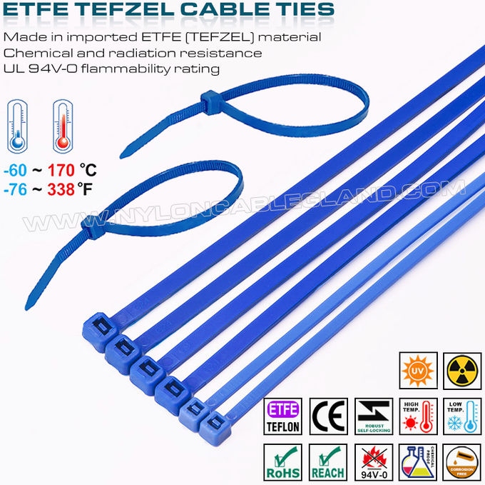 Μπλε δεματικό καλωδίων Teflon 200 x 4.8mm, δεματικό καλωδίων ETFE 94V-0 δεματικό καλωδίων Tefzel ανθεκτικό σε χημικά 50 λίβρες για ακραία περιβάλλοντα