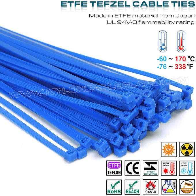 Μπλε γραβάτα καλωδίων από Teflon 200 x 4.8mm, δέσιμο καλωδίων ETFE 94V-0 δεσμός καλωδίων Tefzel 50 λίβρες για ακραία περιβάλλοντα